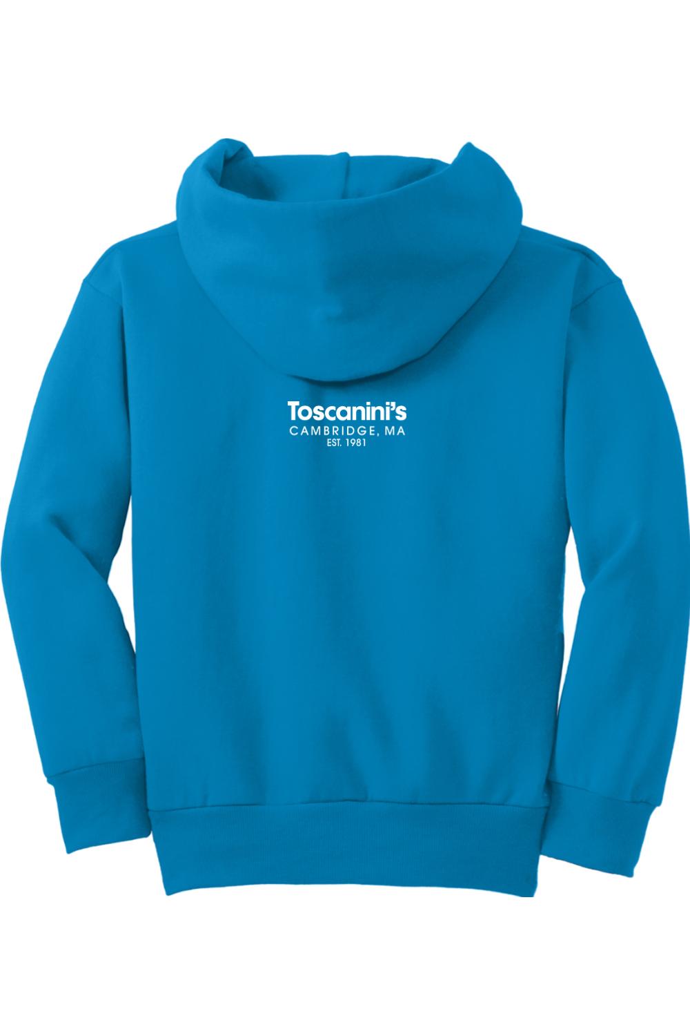 Bright blue youth hoodie featuring the white Toscanini's Cambridge, MA logo printed on the back.