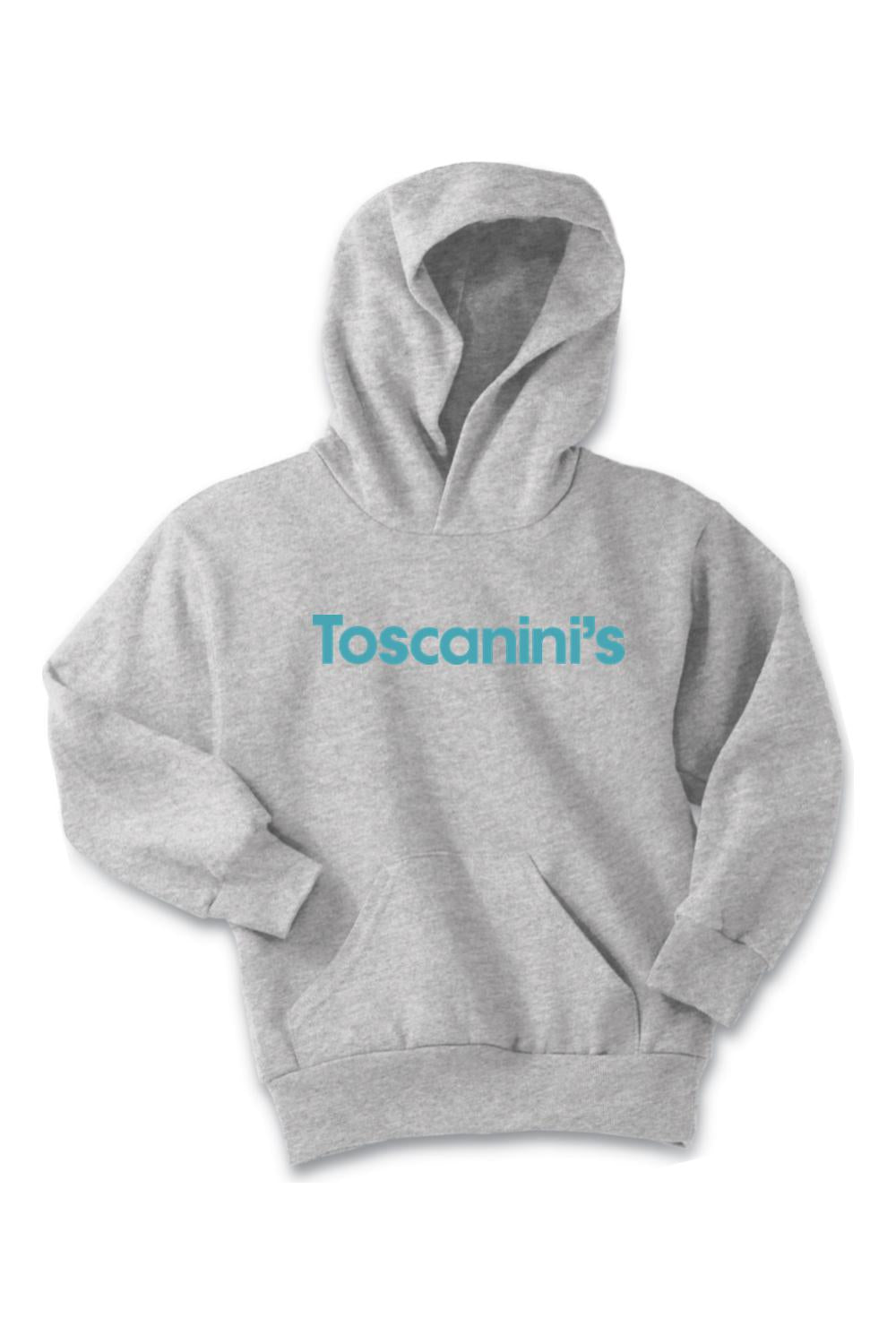Youth grey pullover hoodie featuring the blue Toscanini's logo, a front kangaroo pocket, and a comfortable hood.