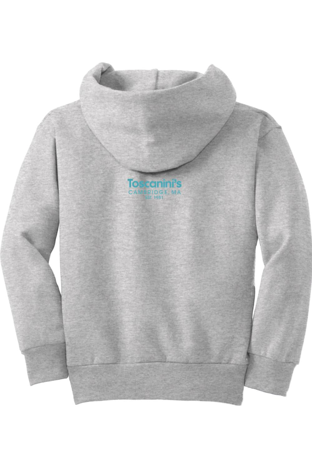 Grey youth hoodie with a hood, featuring a small blue Toscanini's Cambridge logo printed on the upper back.