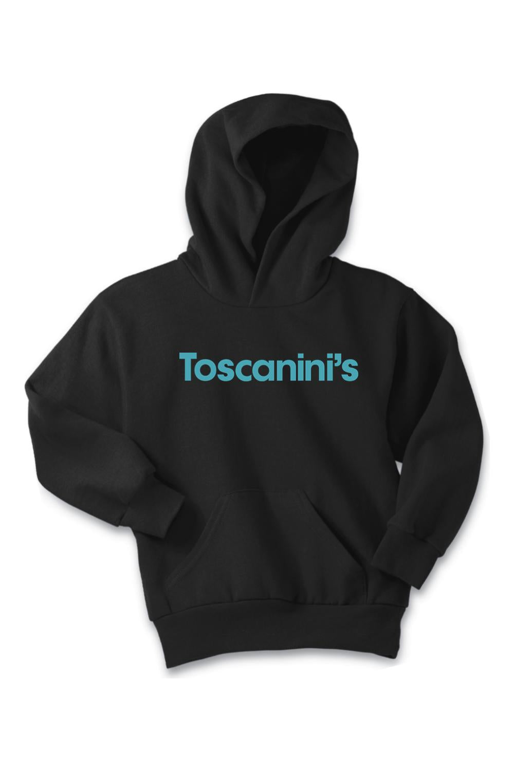 Black youth hoodie with a cozy hood, front kangaroo pocket, and blue Toscanini's logo printed on the chest.
