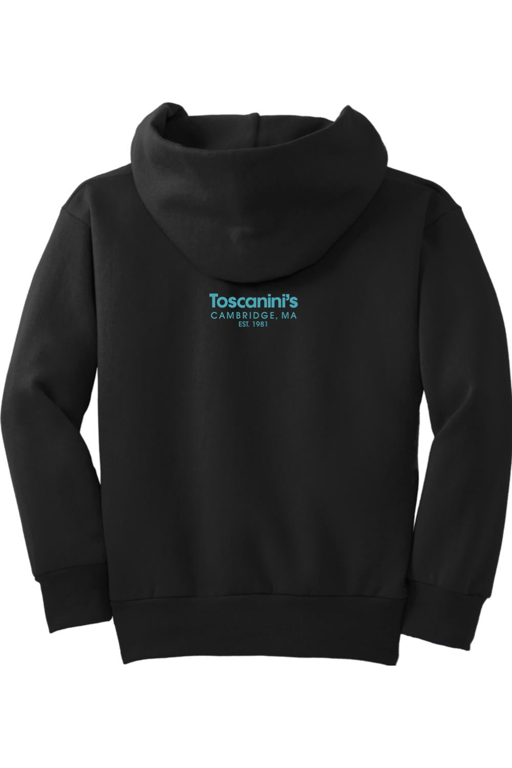 Black youth hoodie featuring the blue Toscanini's Cambridge, MA logo printed on the back.