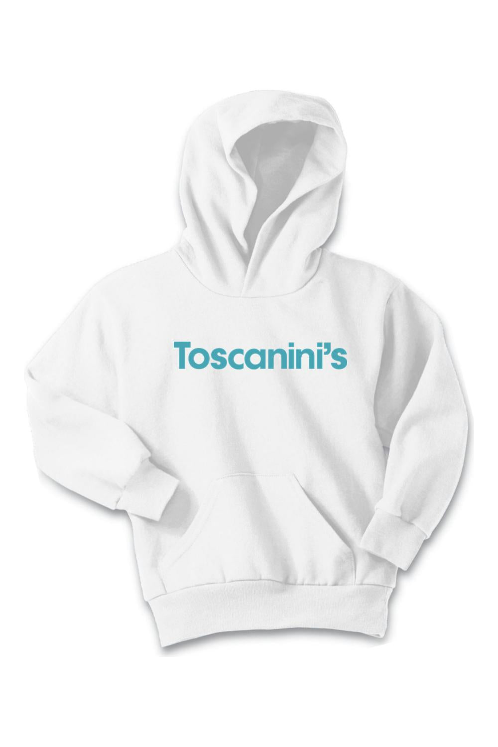 White youth hoodie featuring the blue Toscanini's logo, long sleeves, and a front kangaroo pocket.