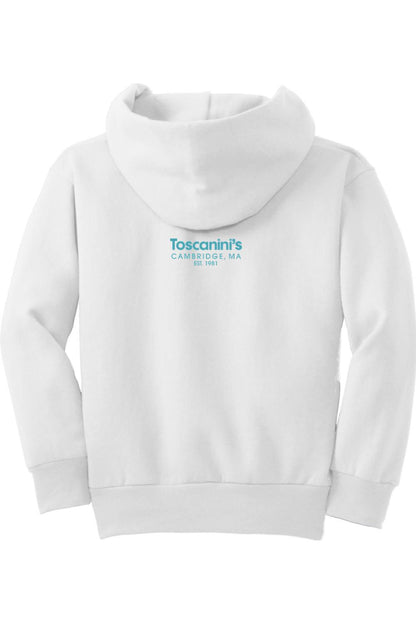 White youth hoodie with a hood, featuring the blue Toscanini's Cambridge, MA logo printed on the back.