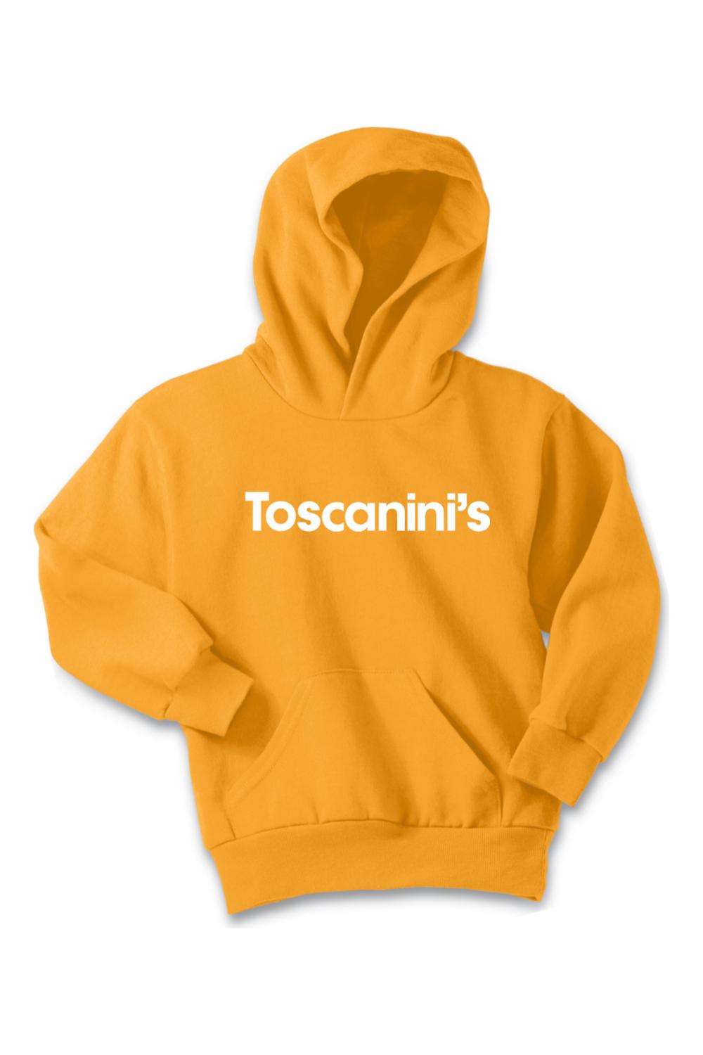 Youth-sized golden yellow hoodie with a white Toscanini's logo, featuring a front kangaroo pocket and hood.