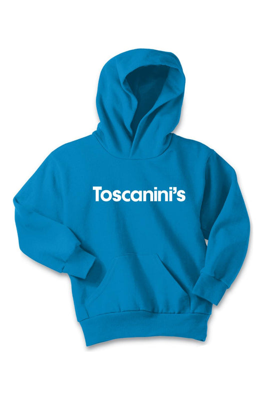 Bright blue youth hoodie featuring the white Toscanini's logo, long sleeves, and a front kangaroo pocket.