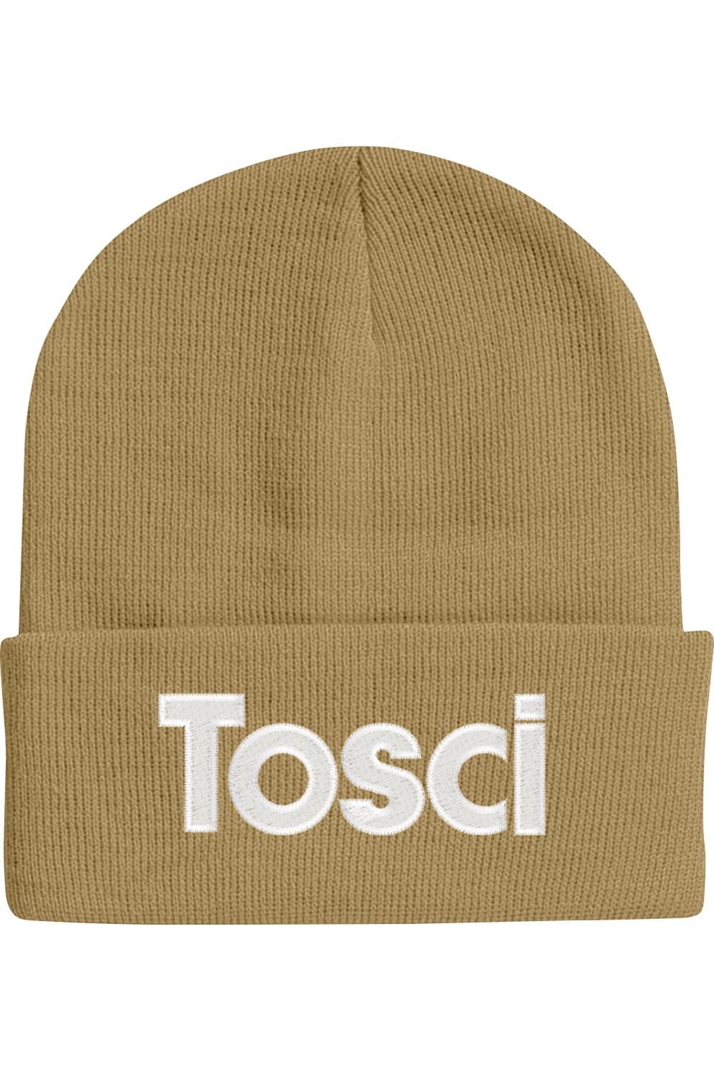 Tan 12-inch cuffed beanie featuring white embroidered Tosci logo text on the front fold.
