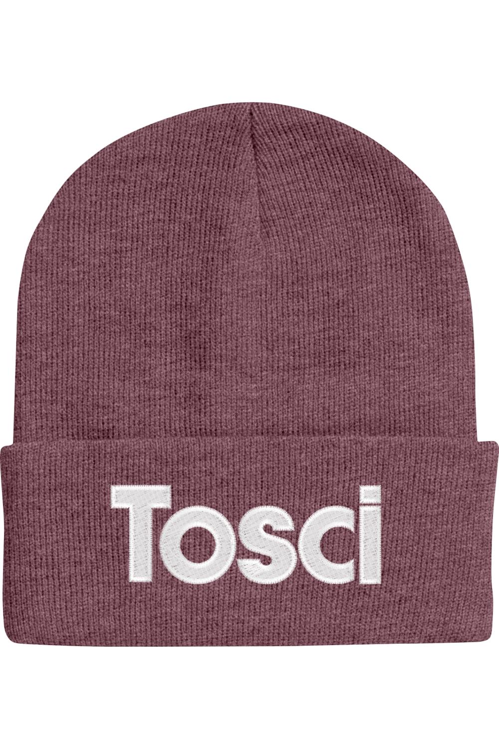 Maroon 12-inch cuffed beanie with white embroidered Tosci logo on the front.