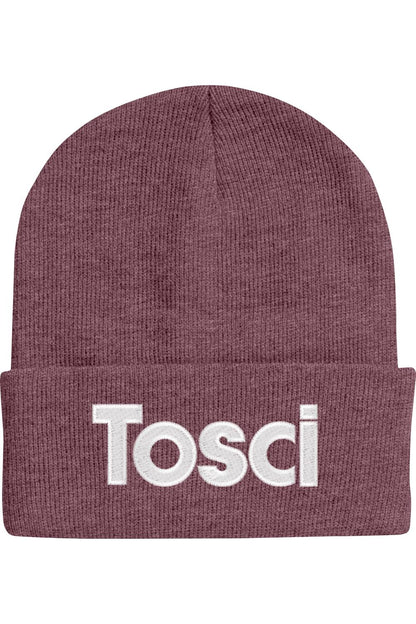 Maroon 12-inch cuffed beanie with white embroidered Tosci logo on the front.