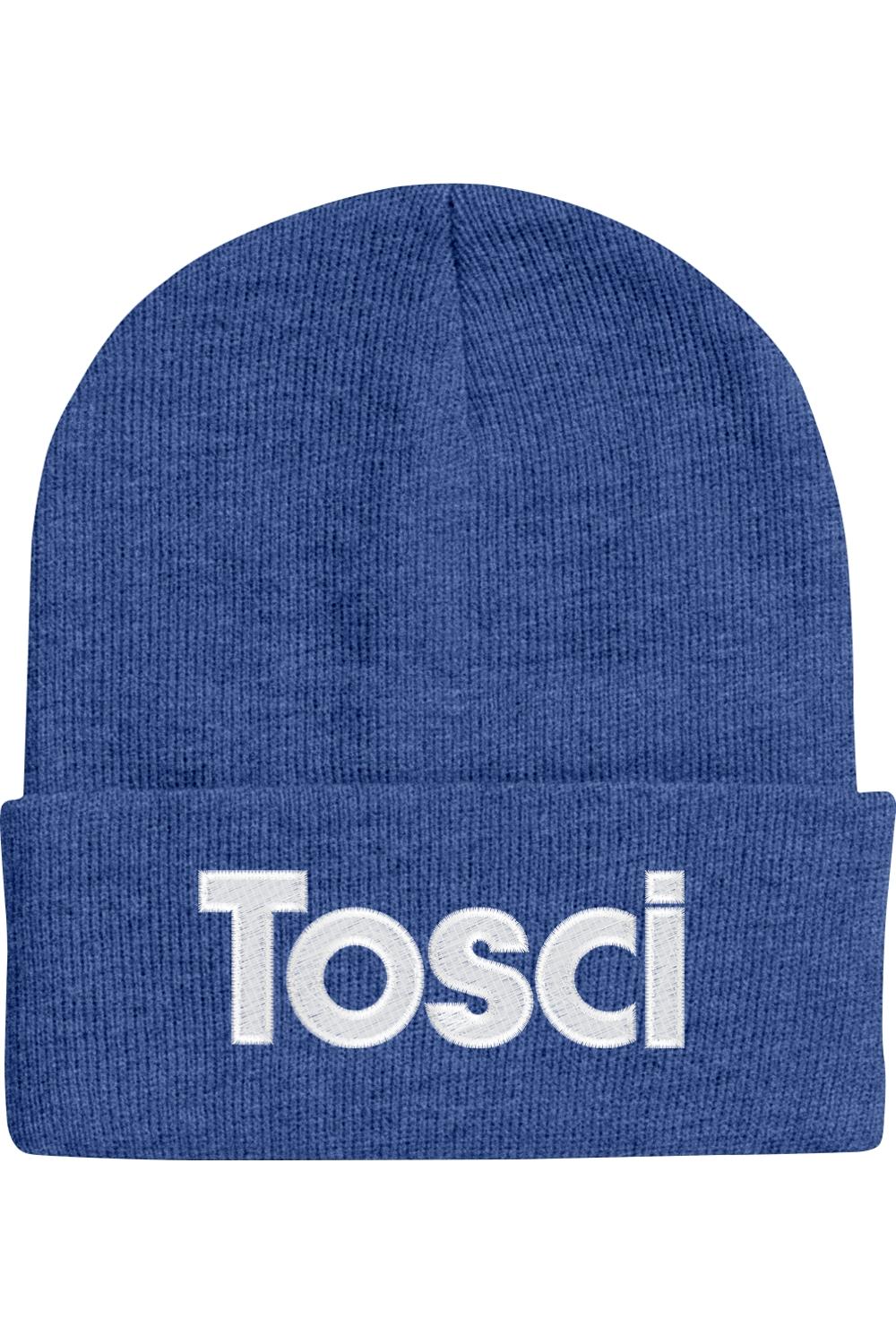 Royal blue 12-inch cuffed knit beanie featuring the white Tosci logo embroidered on the front fold.