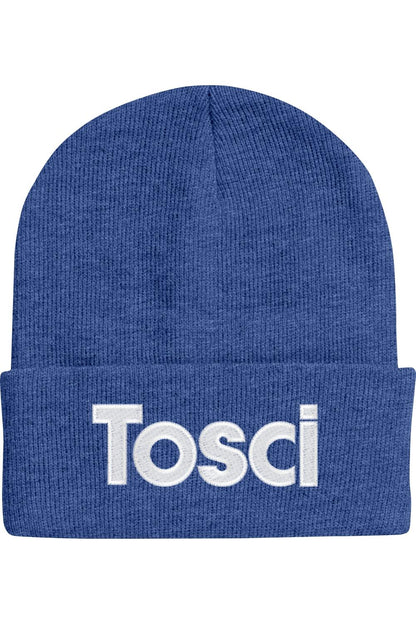 Royal blue 12-inch cuffed knit beanie featuring the white Tosci logo embroidered on the front fold.