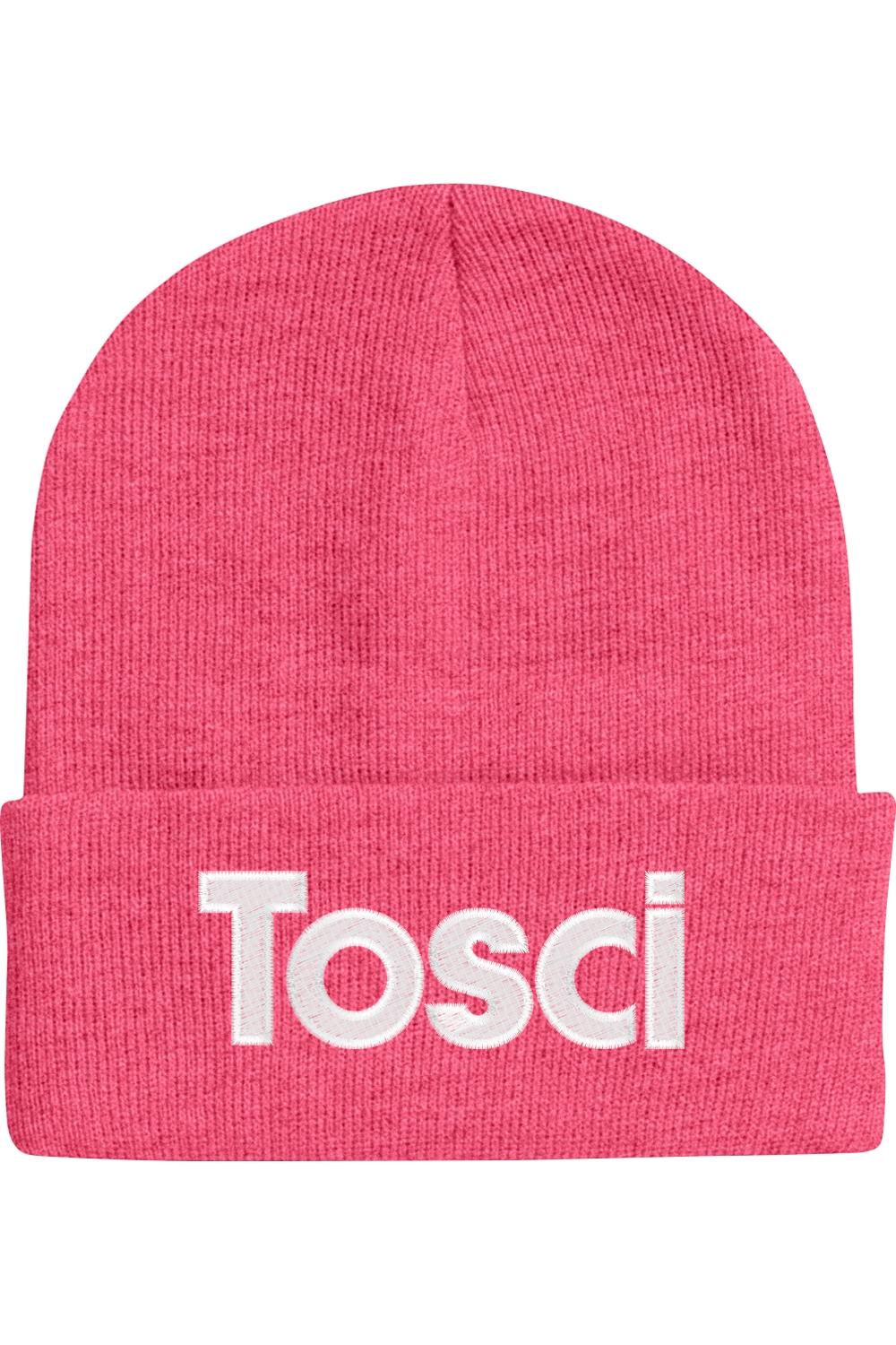 Bright pink 12-inch cuffed beanie with white Tosci logo embroidery on the front.