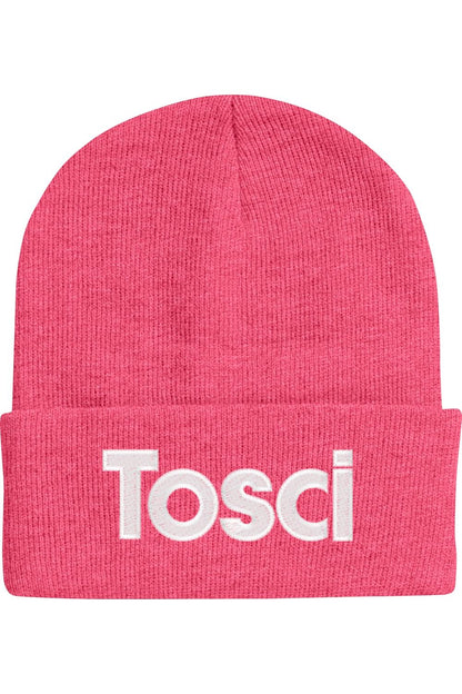 Bright pink 12-inch cuffed beanie with white Tosci logo embroidery on the front.