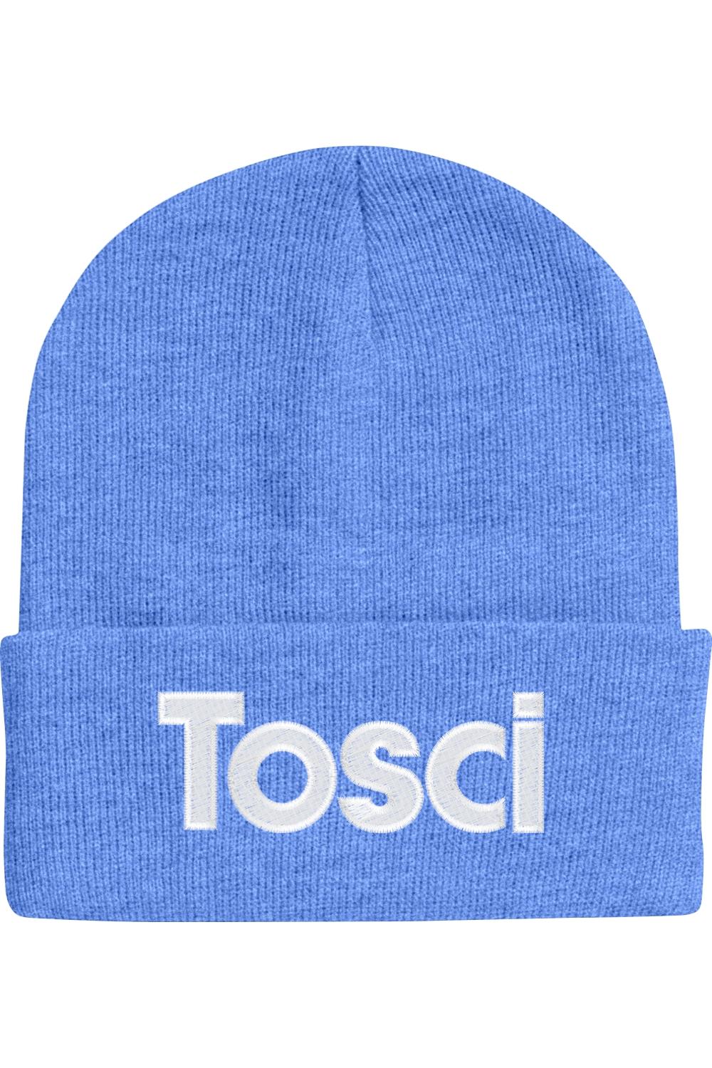 Light blue 12-inch cuffed beanie with white Tosci text embroidered on the front fold.