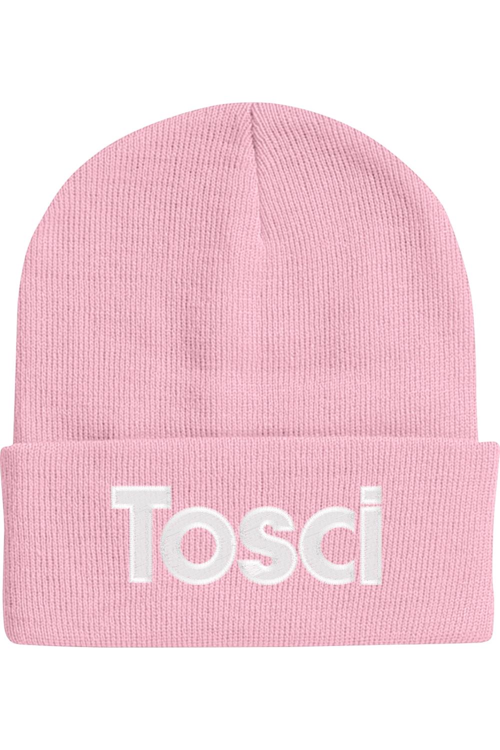Light pink 12-inch cuffed beanie with white Tosci embroidery on the front.