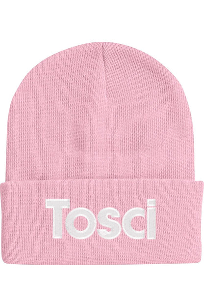 Light pink 12-inch cuffed beanie with white Tosci embroidery on the front.