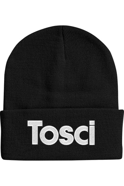 Black 12-inch cuffed beanie featuring the white embroidered Tosci logo on the front fold.