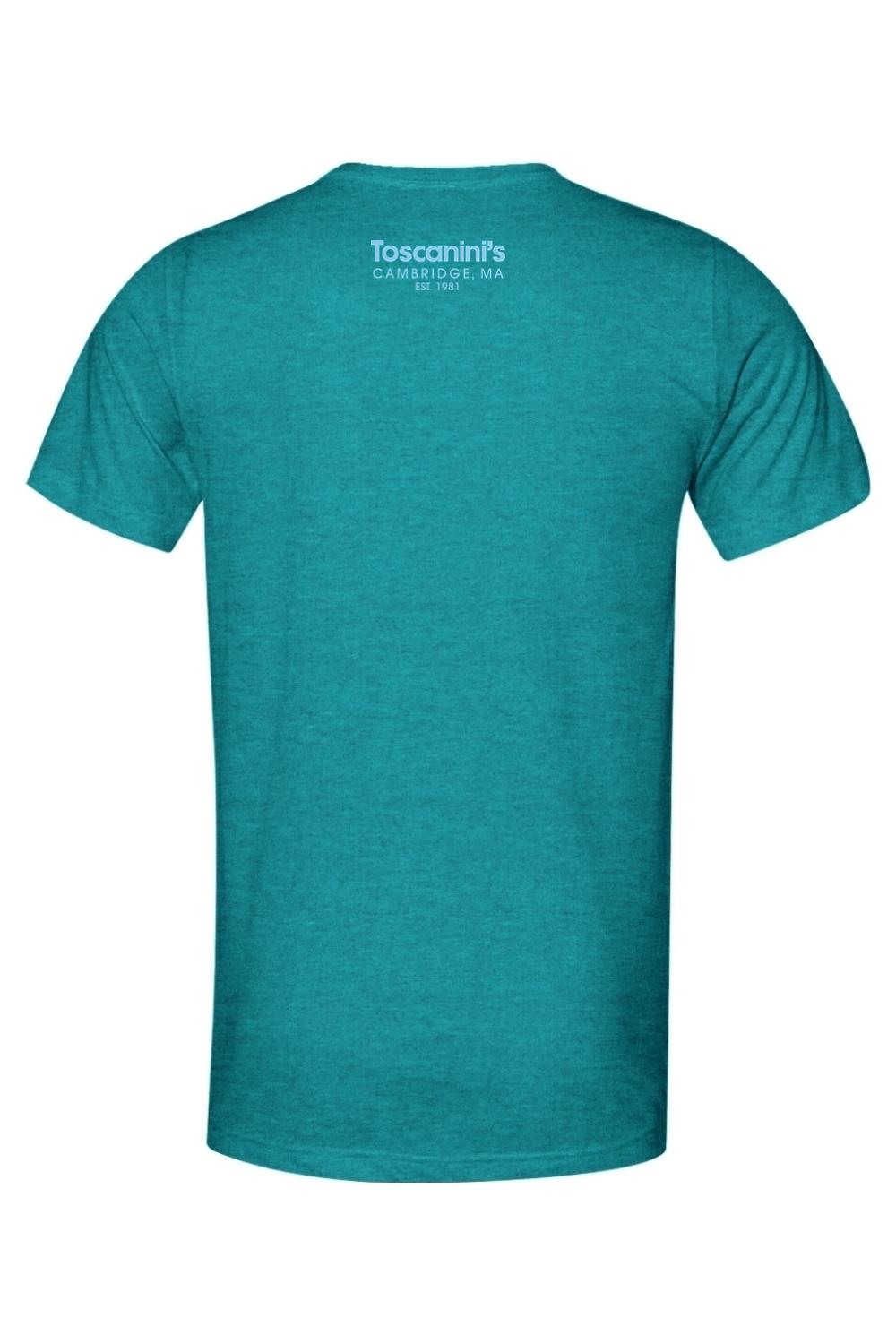 Back view of a teal triblend t-shirt with a white Toscanini's Cambridge logo printed on the upper back.