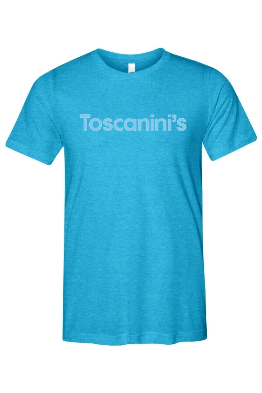 Bright blue triblend crewneck t-shirt with a relaxed fit and white Toscanini's logo printed on the chest.