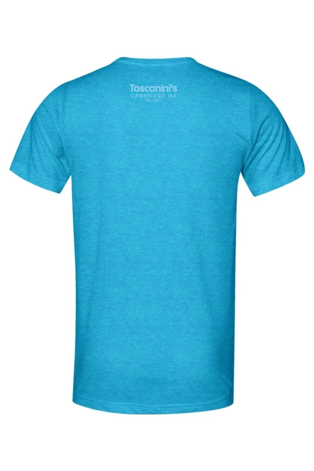 Back view of a bright blue triblend t-shirt featuring the Toscanini's Cambridge, MA logo printed on the upper back.