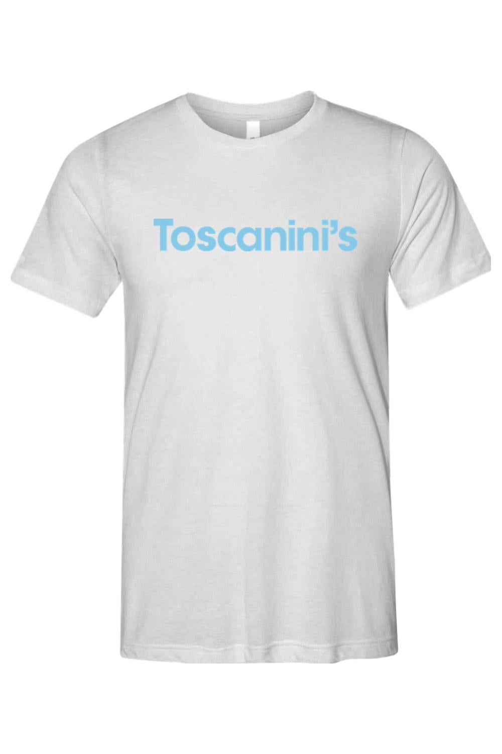 White triblend crewneck t-shirt featuring the Toscanini's logo in light blue lettering.