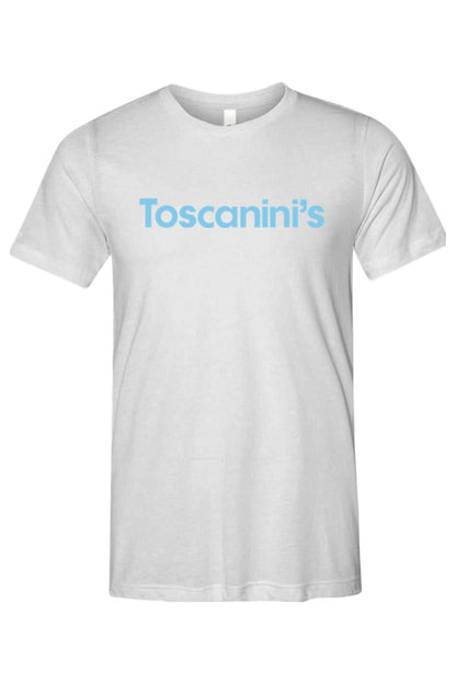 White triblend crewneck t-shirt featuring the Toscanini's logo in light blue lettering.