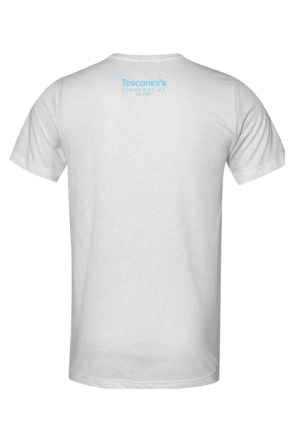 Back view of a white triblend short-sleeve t-shirt with a light blue Toscanini's logo printed on the upper back.