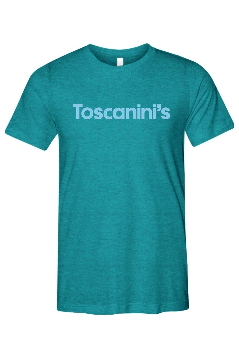 Teal triblend crewneck t-shirt with a relaxed fit and light blue Toscanini's logo printed on the chest.