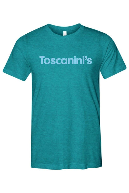 Teal triblend crewneck t-shirt with a relaxed fit and light blue Toscanini's logo printed on the chest.