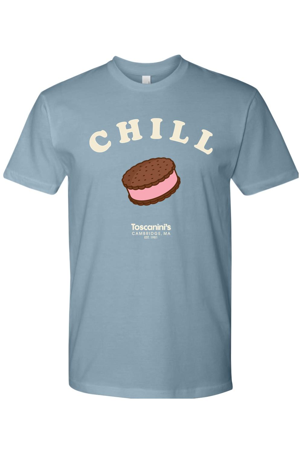 Dusty blue 100% cotton t-shirt featuring a graphic of an ice cream sandwich and Toscinini's Chill branding.