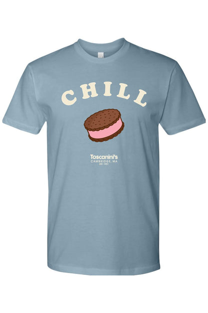 Dusty blue 100% cotton t-shirt featuring a graphic of an ice cream sandwich and Toscinini's Chill branding.