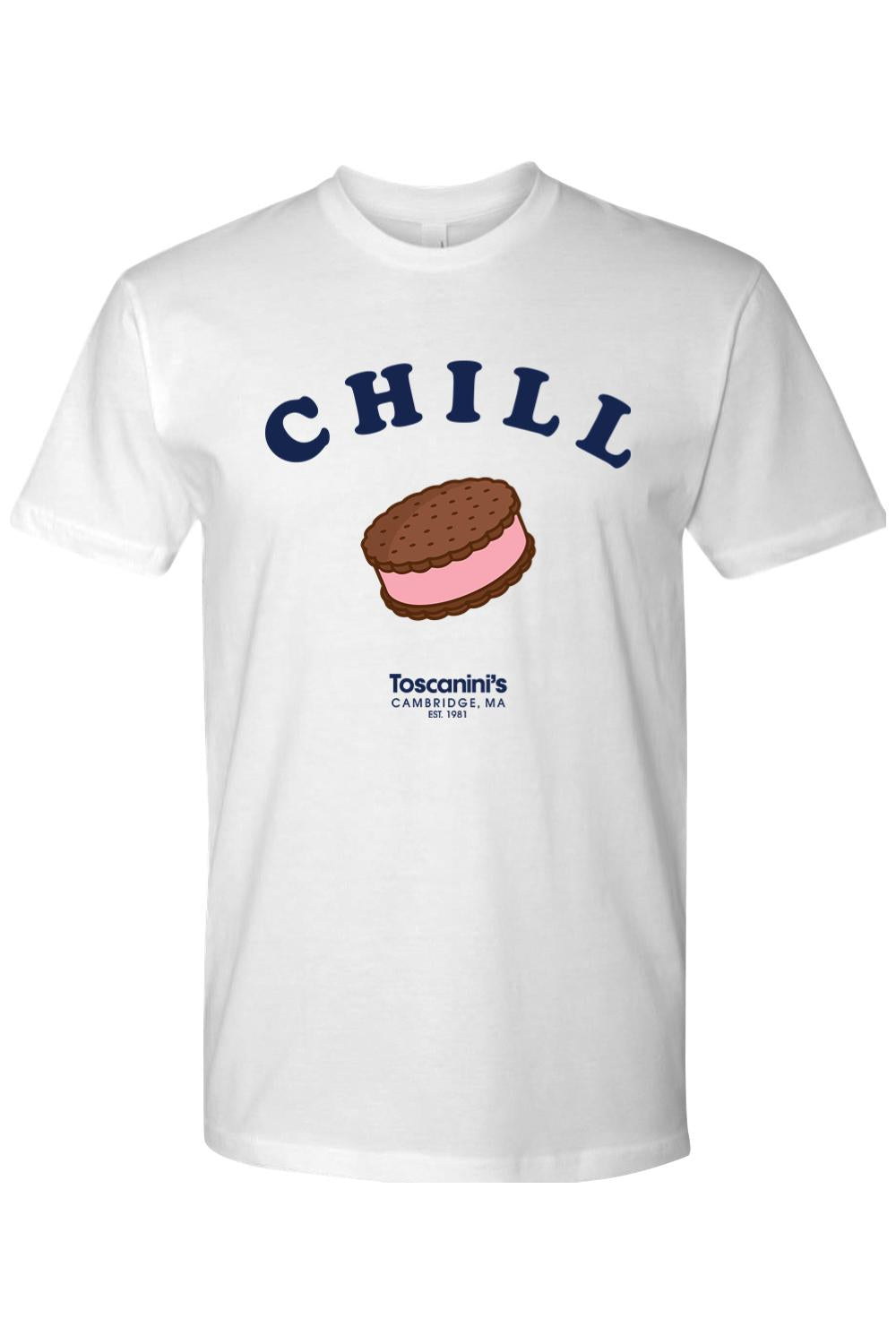 White 100% cotton crewneck t-shirt featuring a blue CHILL graphic and an ice cream sandwich illustration.