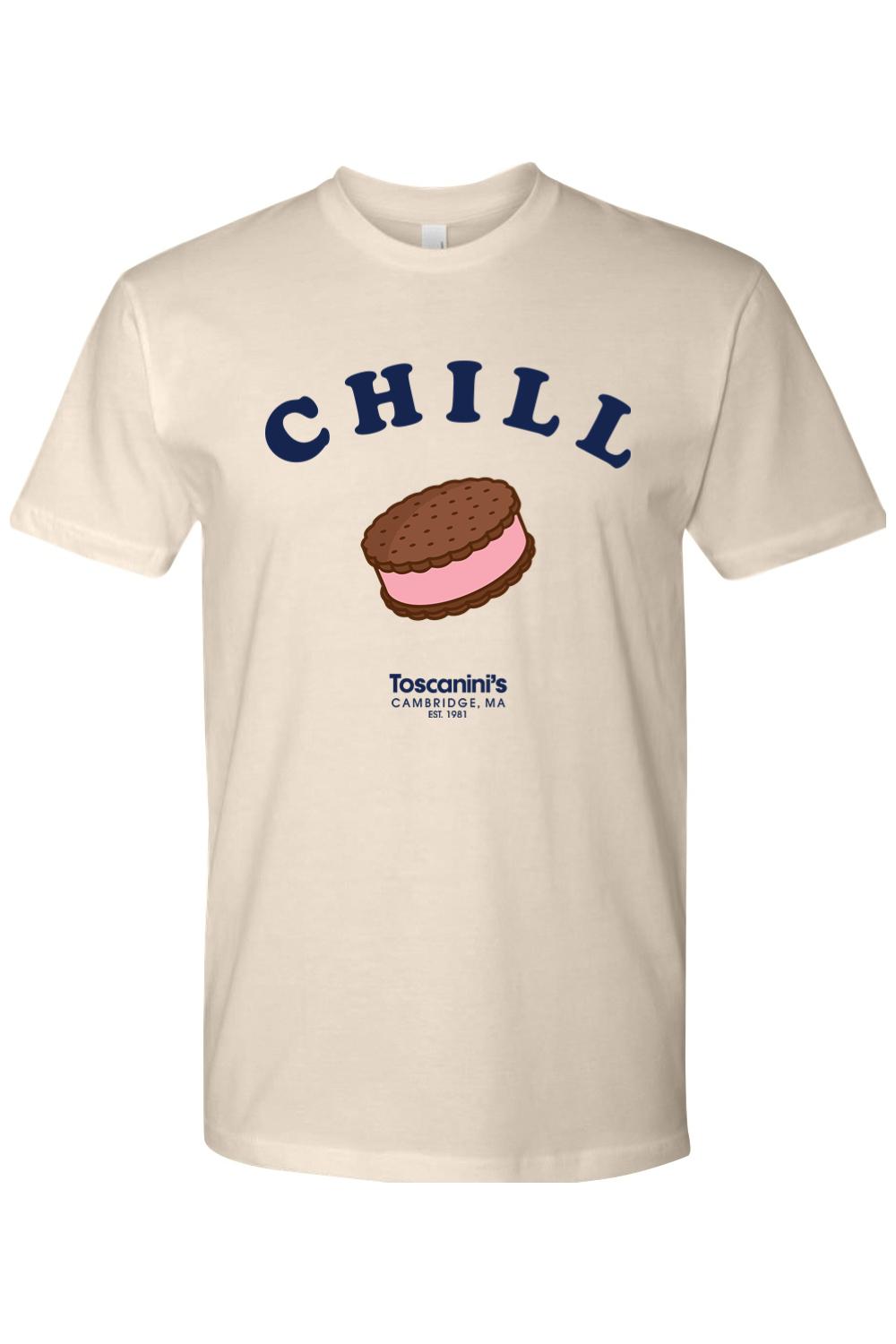 Cream 100% cotton t-shirt featuring a navy Chill graphic and an ice cream sandwich illustration by Toscanini's.