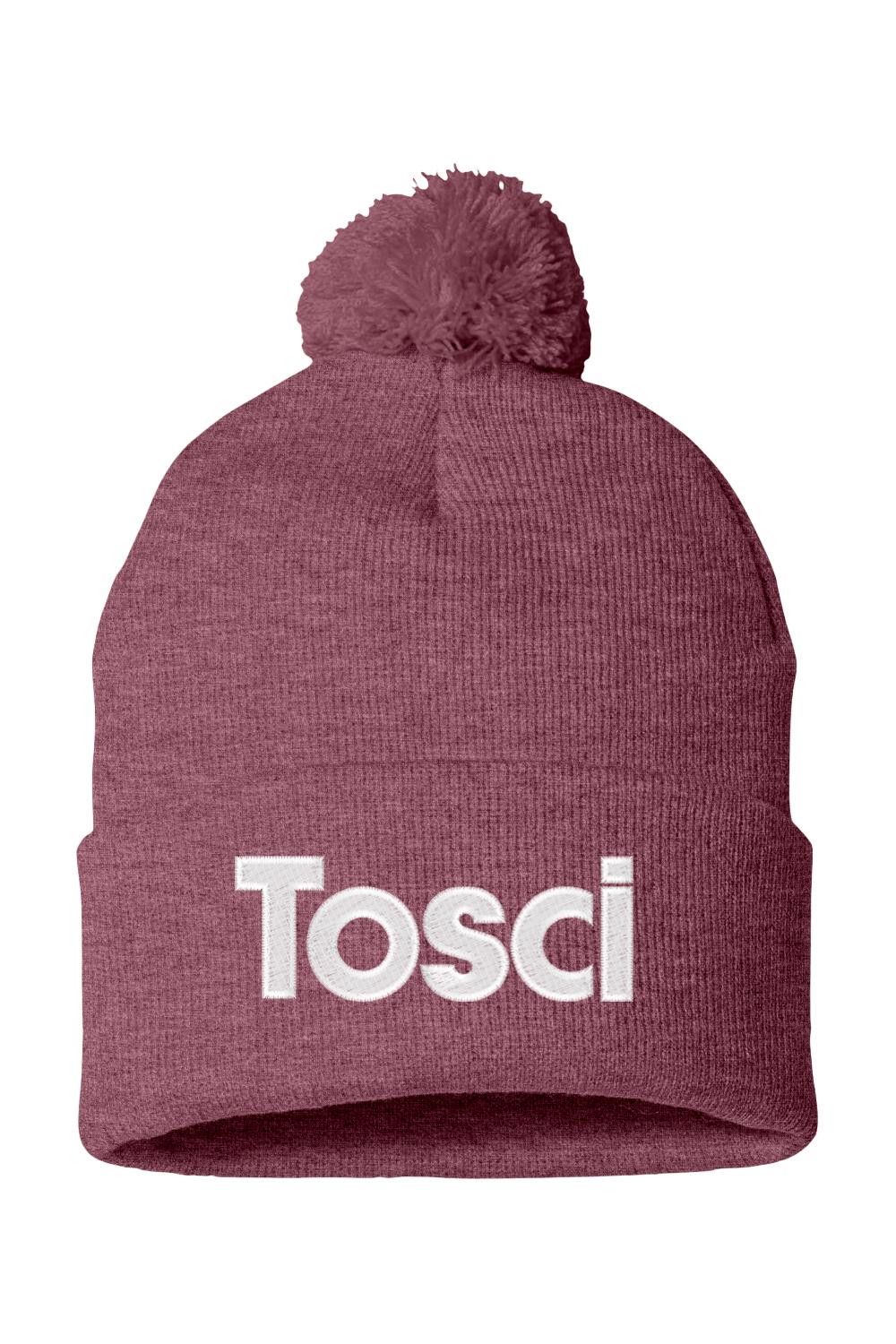 Maroon 12-inch knit beanie with a matching pom-pom and white Tosci text embroidered on the folded cuff.
