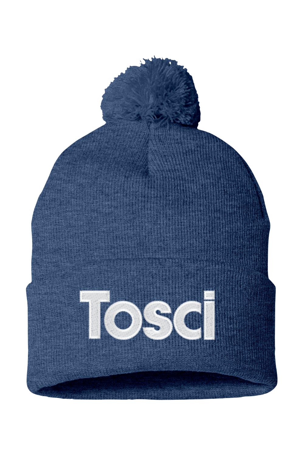 Navy blue 12-inch knit beanie with a matching pom-pom and white Tosci logo text on the folded cuff.