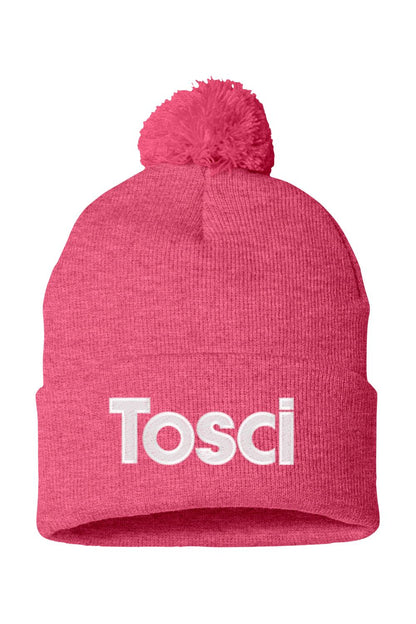 Hot pink 12-inch knit beanie with a matching pom-pom and white Tosci logo text on the cuffed brim.