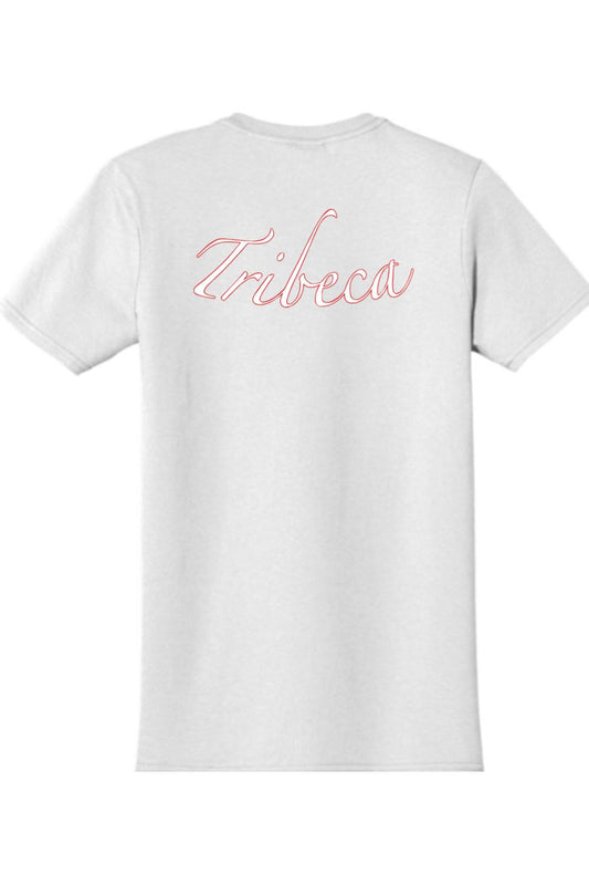 White cotton t-shirt featuring a red cursive Tribeca logo printed across the back.