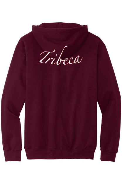 Back view of a maroon cotton hoodie featuring white cursive Tribeca text printed on the upper back.
