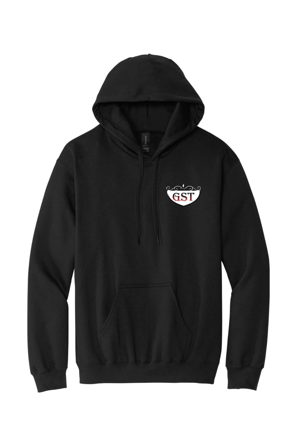 Black unisex cotton hoodie with a drawstring hood, front kangaroo pocket, and a decorative GST logo on the chest.