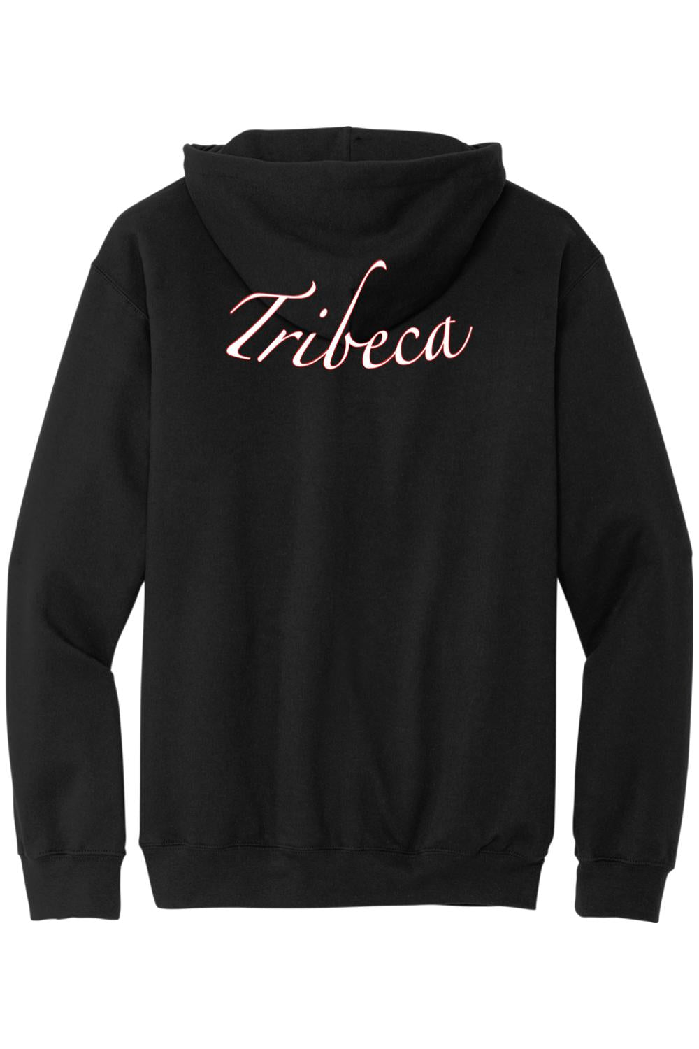 Black zip-up hoodie featuring the word Tribeca in elegant white script lettering on the back.