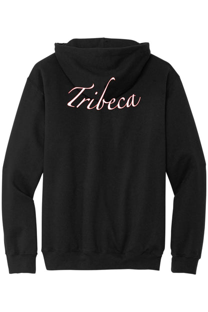 Black zip-up hoodie featuring the word Tribeca in elegant white script lettering on the back.