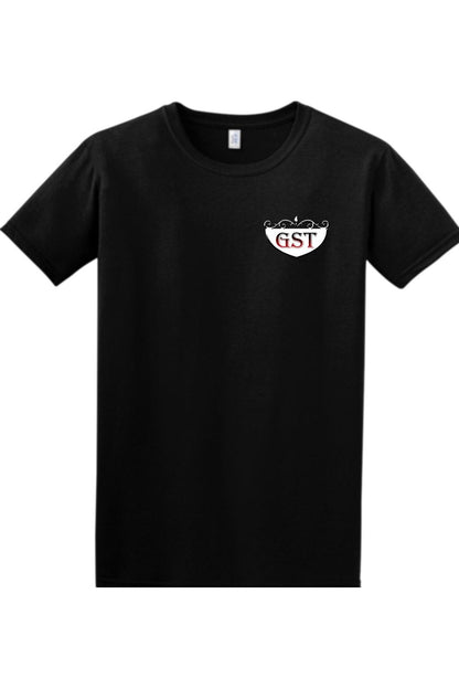 Black cotton unisex t-shirt featuring a white and red GST logo graphic on the left chest.