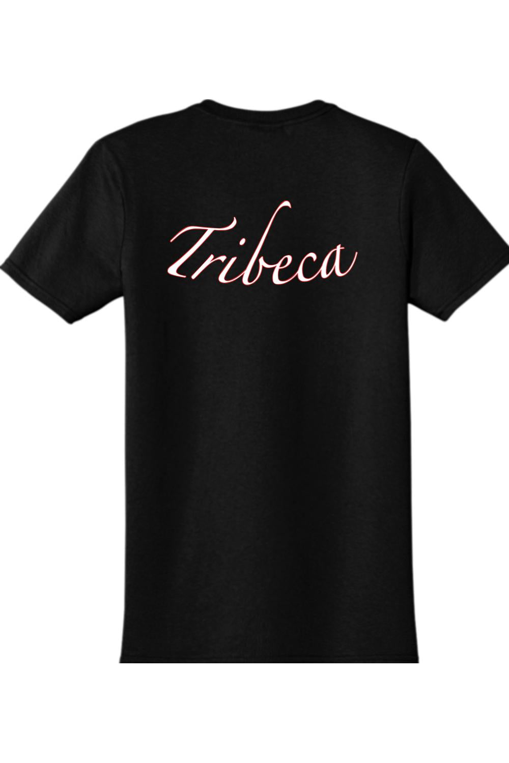 Black cotton unisex t-shirt featuring a white cursive Tribeca logo printed on the back.