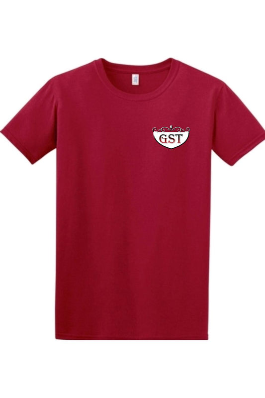 Maroon short-sleeve cotton t-shirt featuring a white GST logo with decorative scrollwork on the chest.