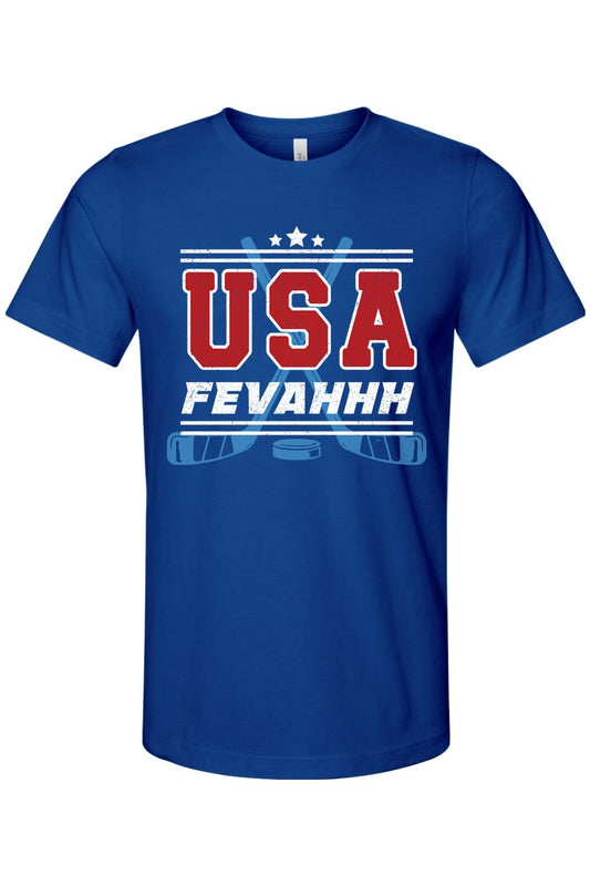 Royal blue cotton men's USA Hockey Fevahhh t-shirt with red and white graphic print featuring crossed hockey sticks.