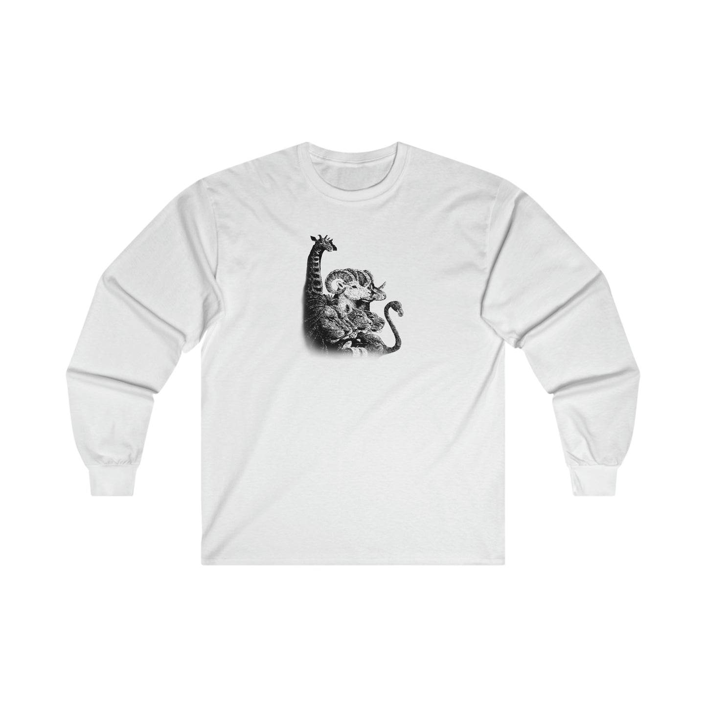 White long-sleeve ultra cotton tee featuring a detailed black and white graphic of a giraffe and ram.