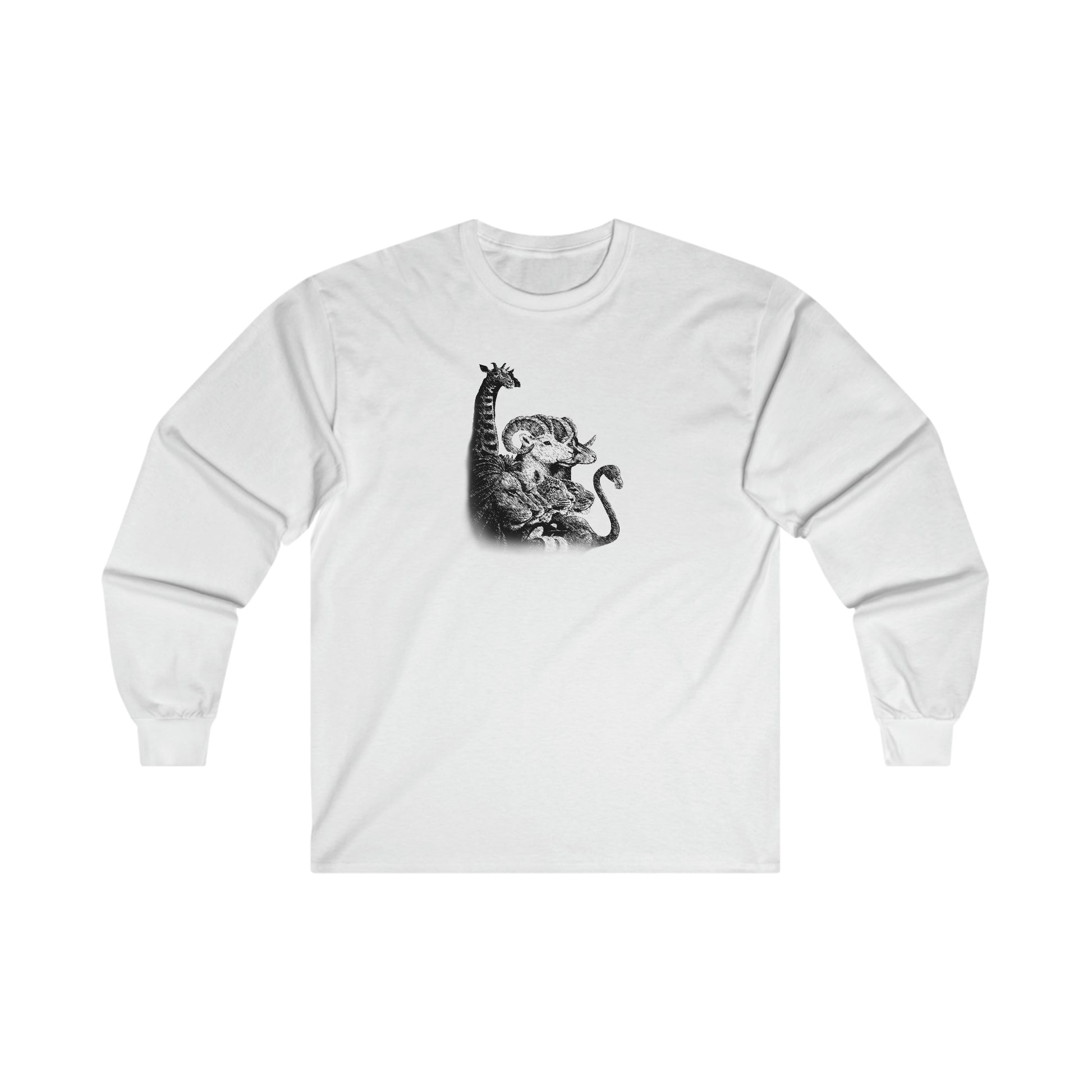 White long-sleeve ultra cotton tee featuring a detailed black and white graphic of a giraffe and ram.