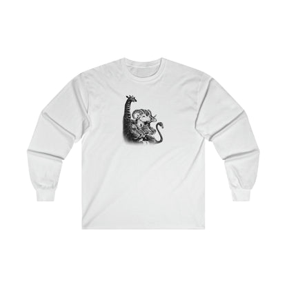 White long-sleeve ultra cotton tee featuring a detailed black and white graphic of a giraffe and ram.