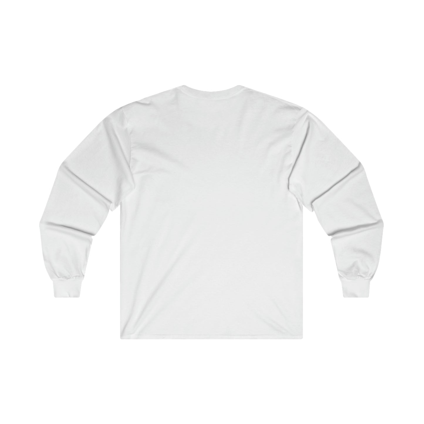 Back view of a plain white ultra cotton long sleeve tee with a classic fit and seamless sides.