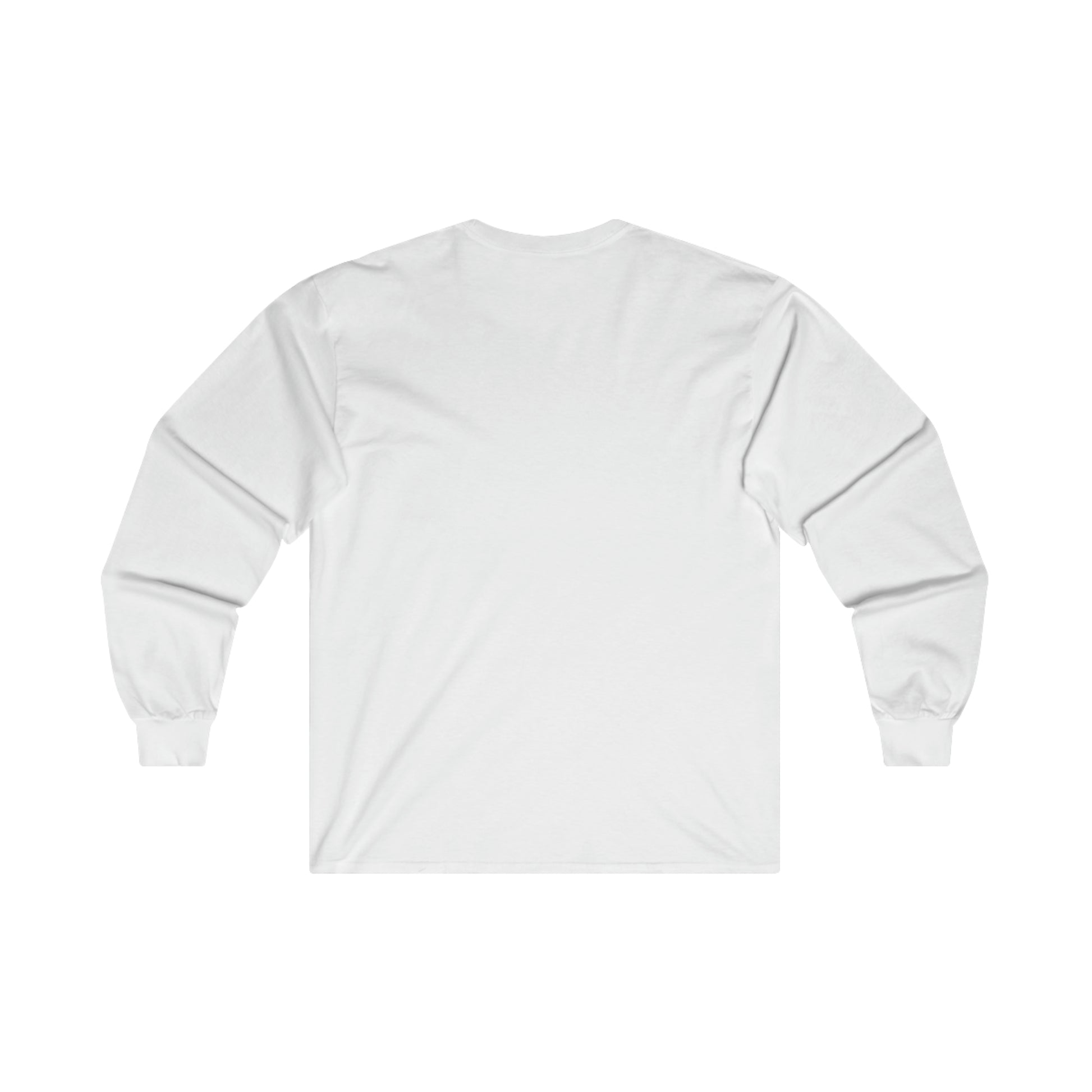 Back view of a plain white ultra cotton long sleeve tee with a classic fit and seamless sides.