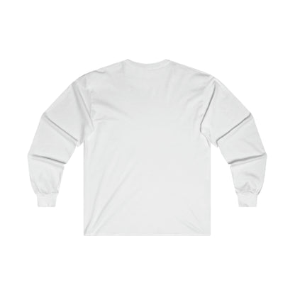 Back view of a plain white ultra cotton long sleeve tee with a classic fit and seamless sides.